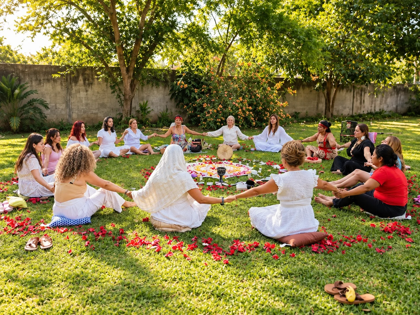 Participantes en círculo en el jardín durante una actividad grupal