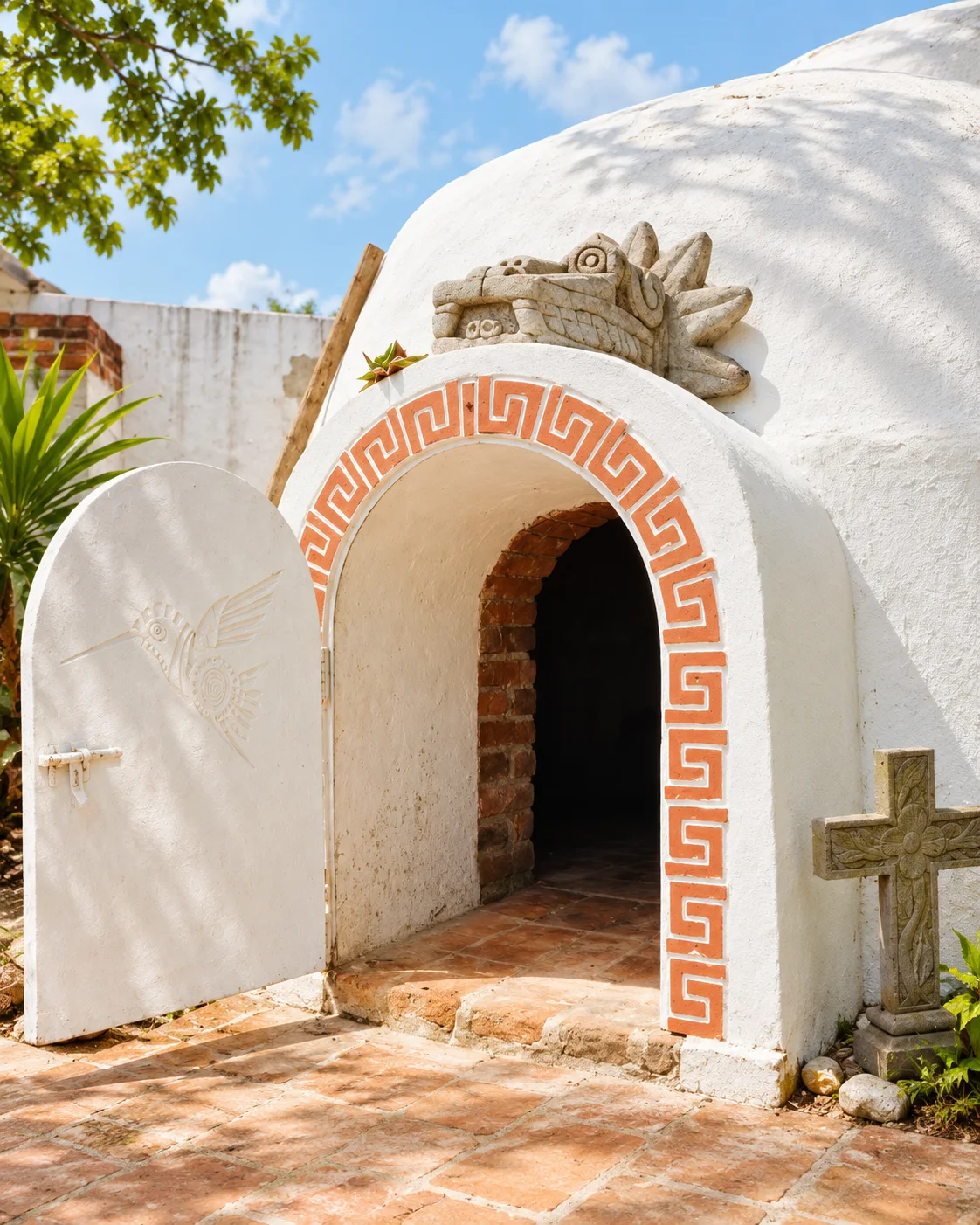 Entrada del temazcal entre plantas y luz natural
