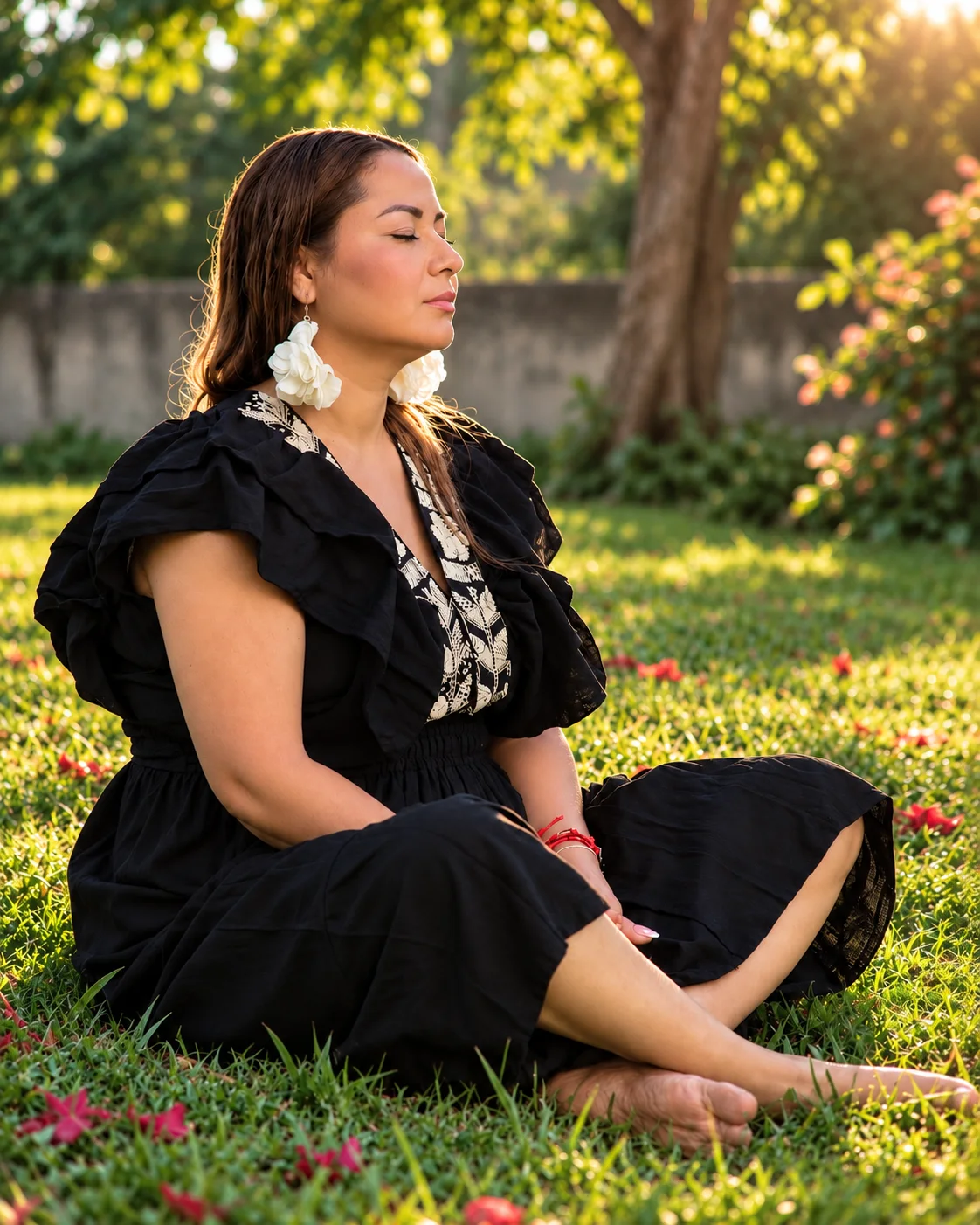 Eliza Dominguez sentada en meditación en el jardín