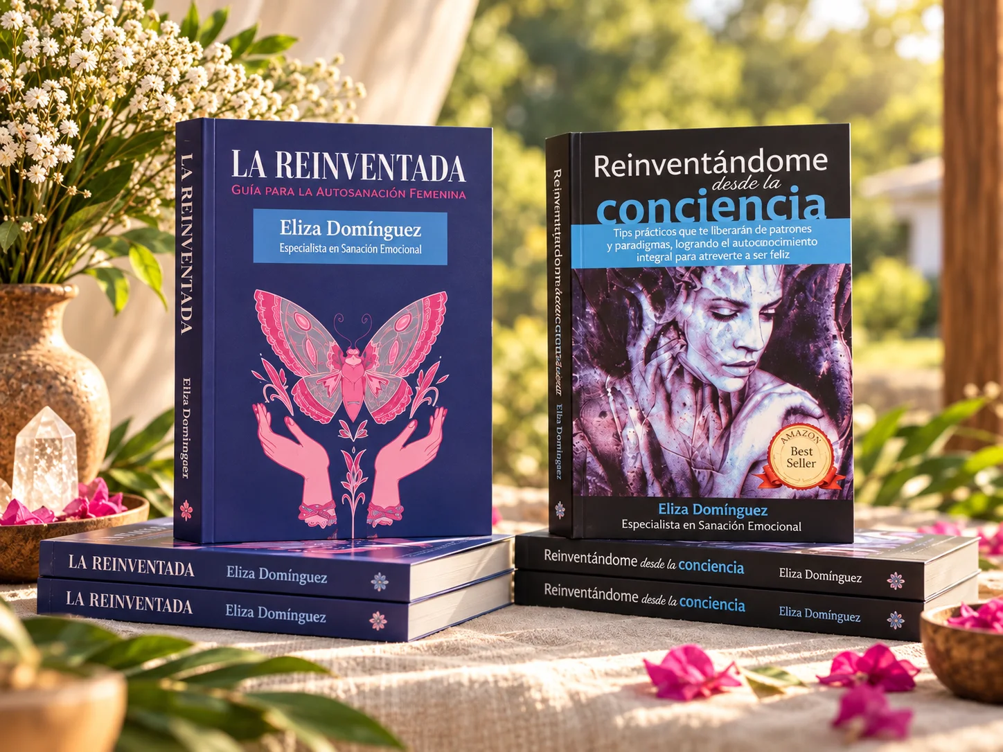 Ediciones de La Reinventada y Reinventándome desde la conciencia, de Eliza Dominguez